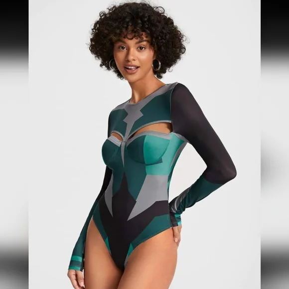 SHEIN Teal and Gray Cutout Bodysuit - Picture 4 of 9